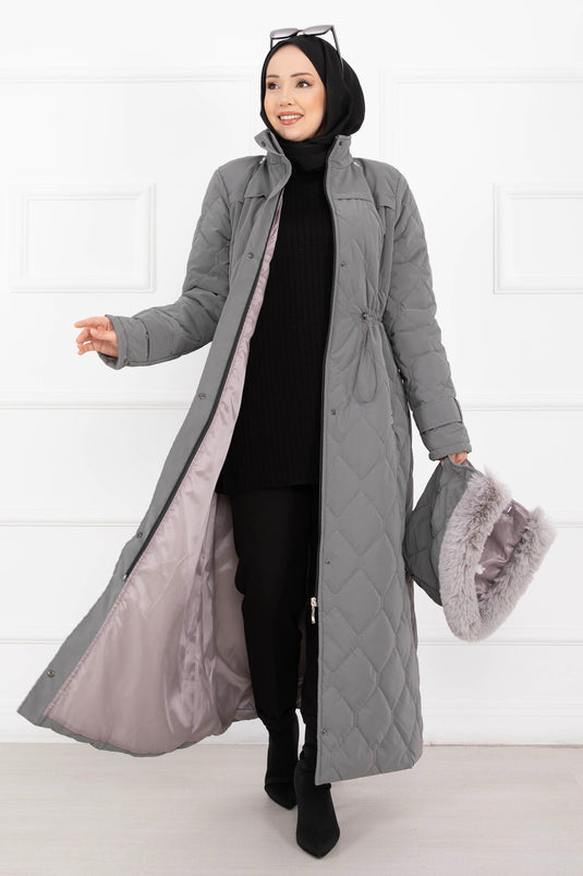 Premium Kürk Kapüşonlu Nova Kaban Füme