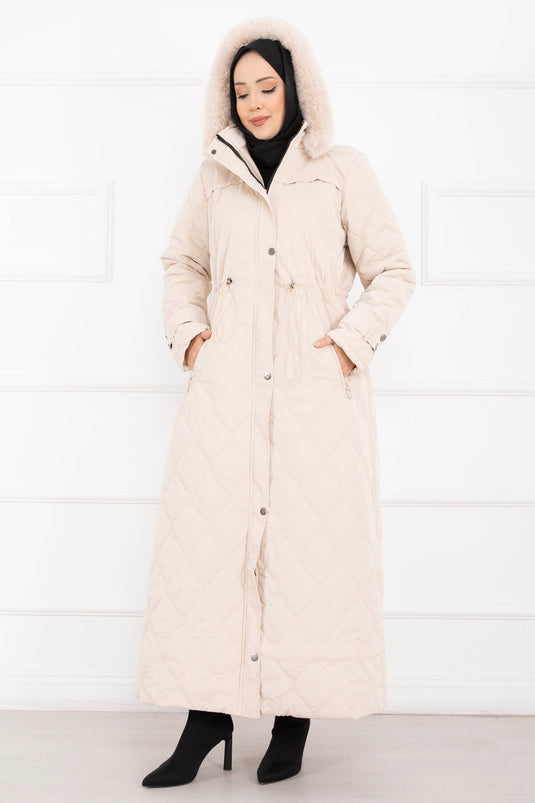 Premium Fur Hooded Nova Coat Stone