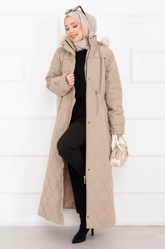 Premium Kürk Kapüşonlu Nova Kaban Vizon