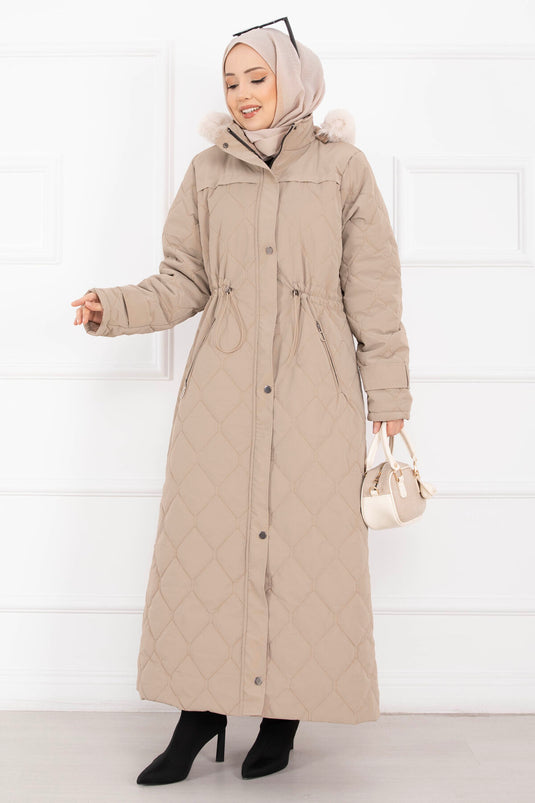 Premium Kürk Kapüşonlu Nova Kaban Vizon