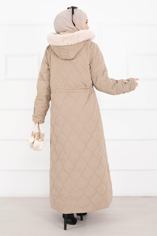 Premium Kürk Kapüşonlu Nova Kaban Vizon