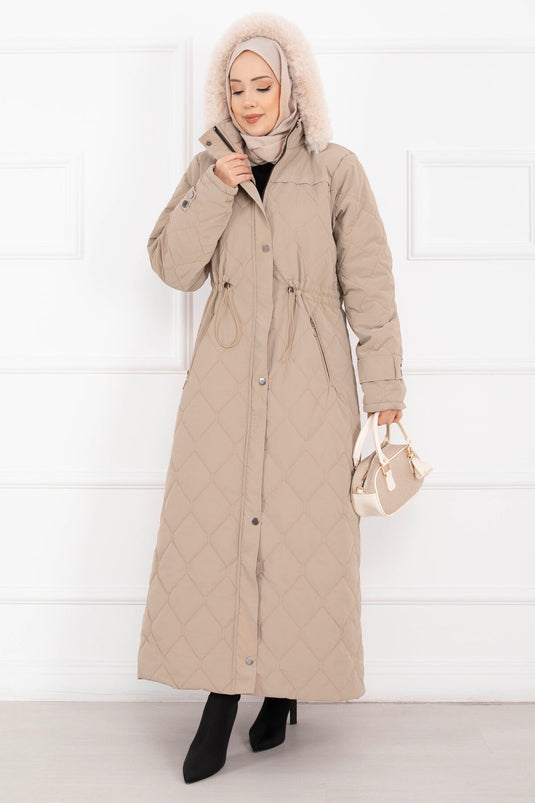 Premium Kürk Kapüşonlu Nova Kaban Vizon