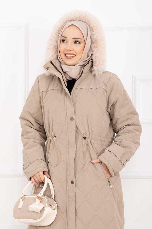 Premium Kürk Kapüşonlu Nova Kaban Vizon