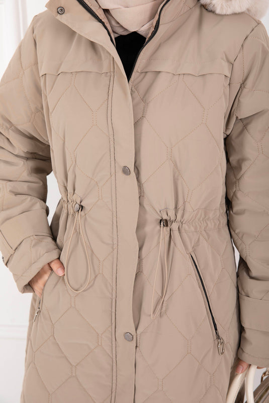 Premium Kürk Kapüşonlu Nova Kaban Vizon