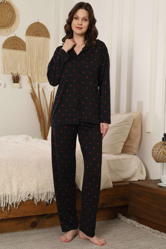 طقم بيجامة بأزرار بنقشة منقط باللونين الأسود والأحمر
