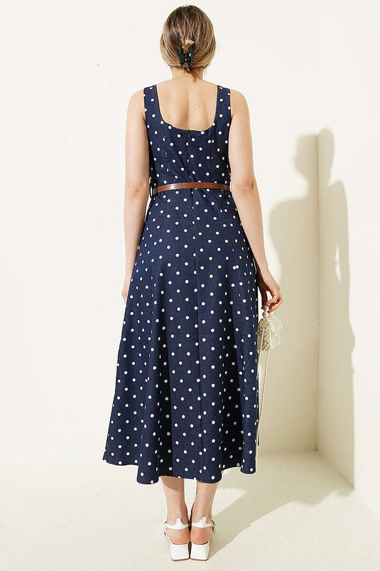 Abito con cintura e motivo a pois blu scuro