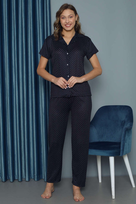 Puantiye Desenli Kısa Kol Kadın Pijama Takımı Lacivert