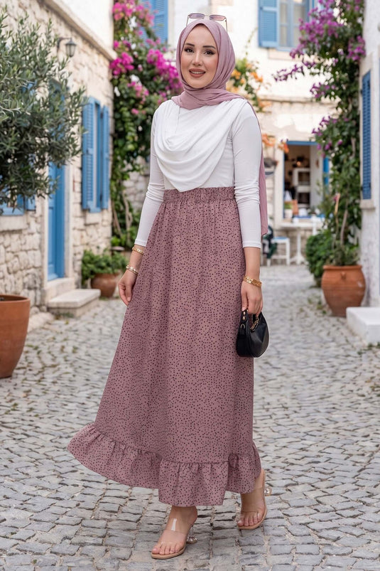 Puantiye Desenli Volanlı Etek Koyu Pudra