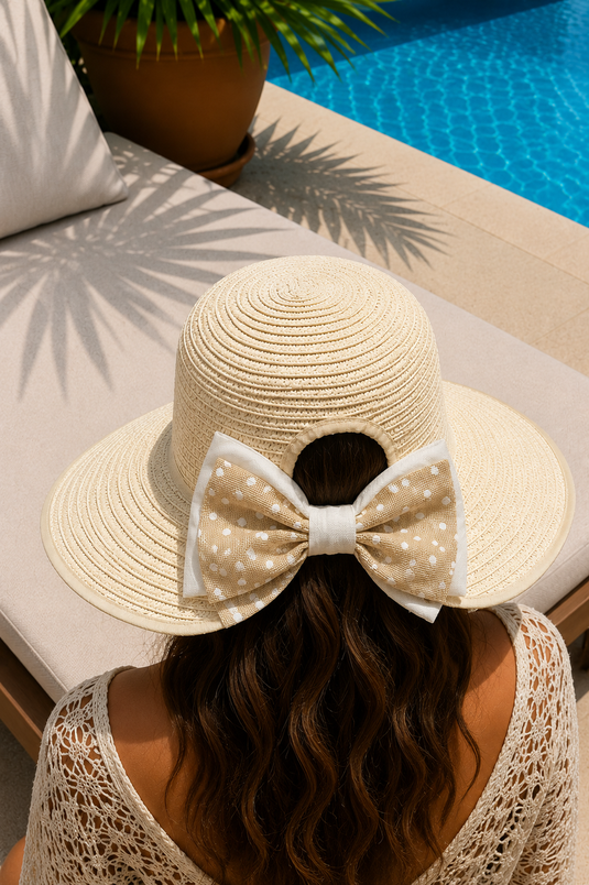 Sombrero De Paja Beige Con Lunares Y Lazo, Ajustable