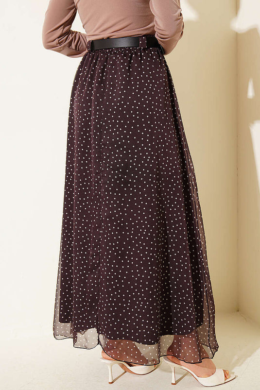 Polka Dot Elastic Waist Belted Skirt Dark Brown
