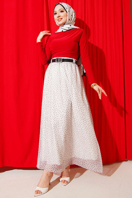 Polka Dot Elastic Waist Belted Skirt Ecru