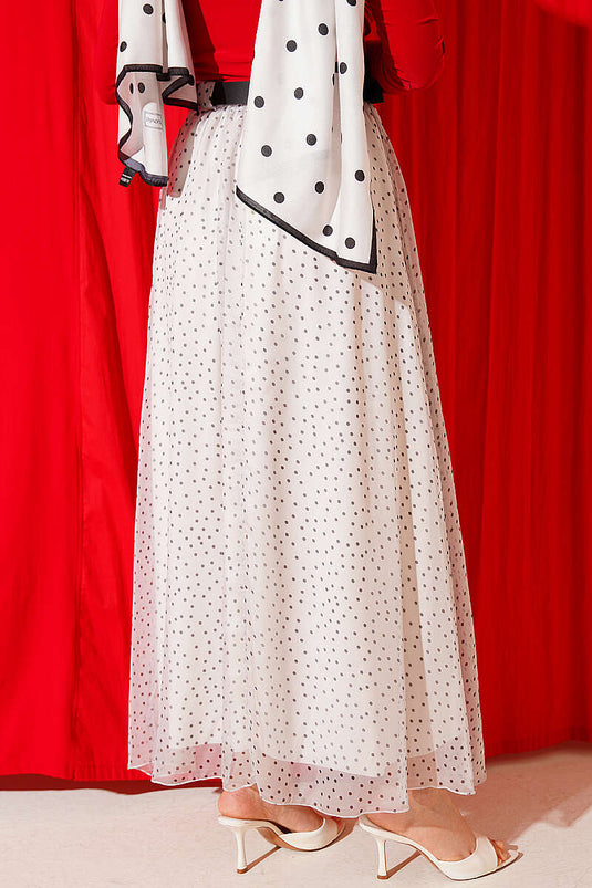 Polka Dot Elastic Waist Belted Skirt Ecru