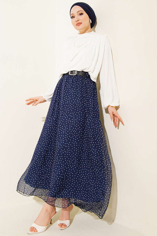 Navy Blue Polka Dot Skirt with Elastic Waist and Belt