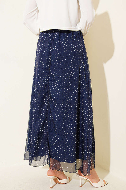 Navy Blue Polka Dot Skirt with Elastic Waist and Belt