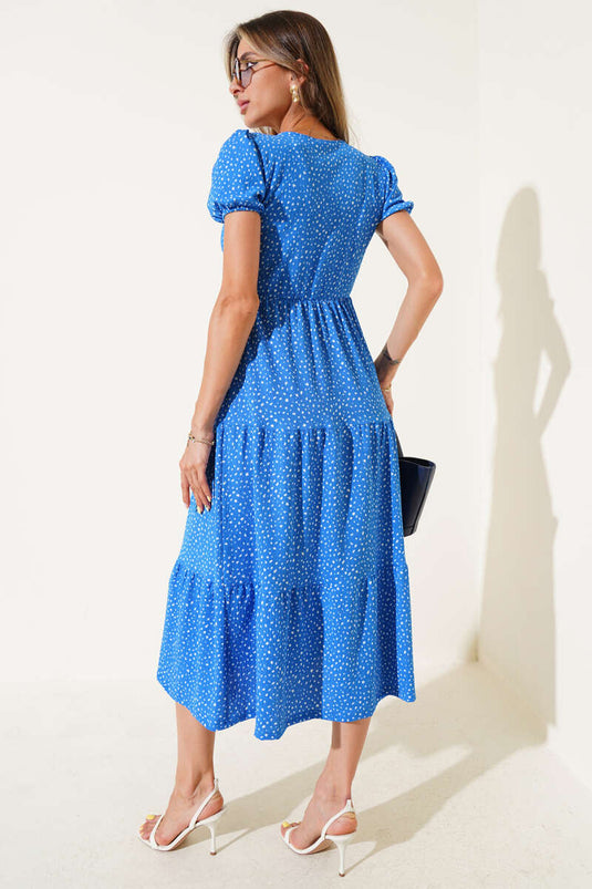 Polka Dot Elastic Waist V-Neck Midi Dress Blue