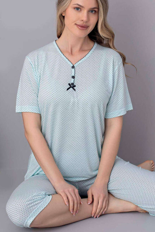 Polka Dot Buttoned Capri Pajama Set Mint