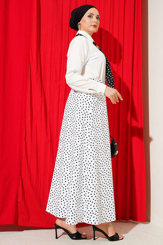 Ensemble deux pièces jupe à pois avec foulard blanc