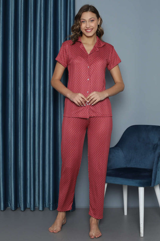 Polka Dot Shirt Collar Short Sleeve Pajama Set Dusty Rose