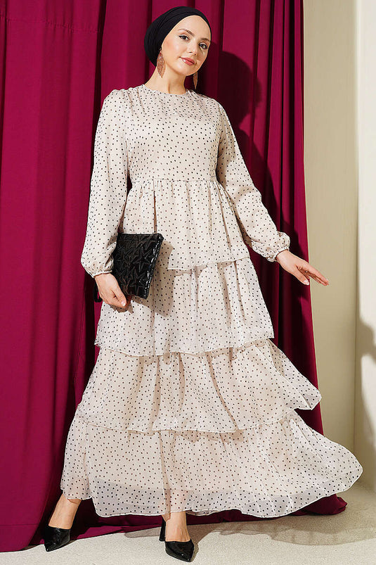 Beige Layered Polka Dot Chiffon Dress