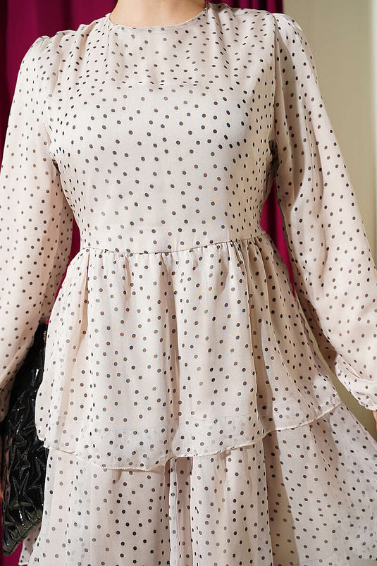 Beige Layered Polka Dot Chiffon Dress
