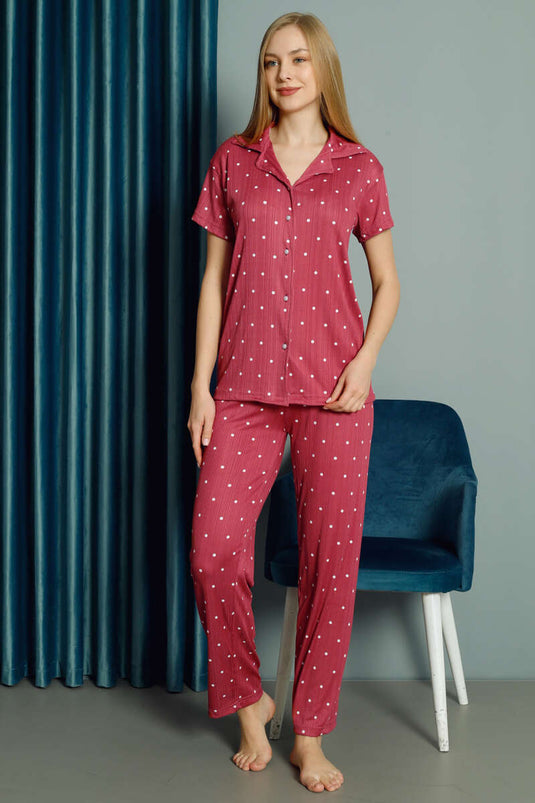 Damen-Pyjama-Set mit Polka-Dots und kurzen Ärmeln, Altrosa