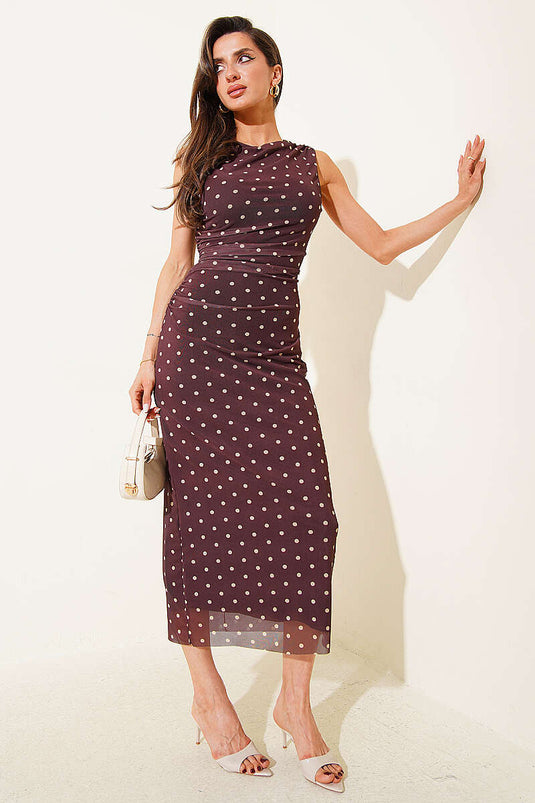 Punktiertes Chiffonkleid Braun
