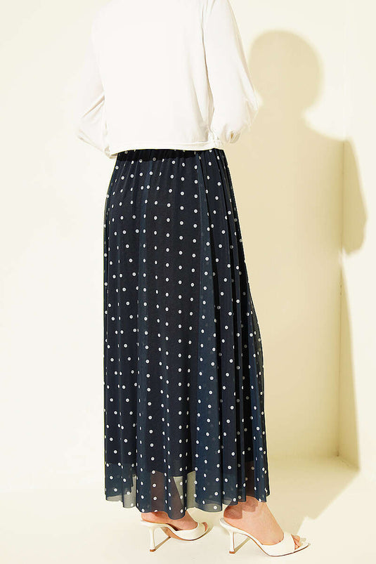 Gonna a ruota in tulle a pois blu scuro