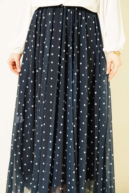 Gonna a ruota in tulle a pois blu scuro