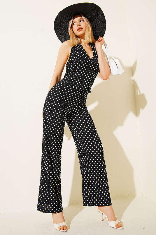 Polka Dot V-Neck Waffle Crop Set Black