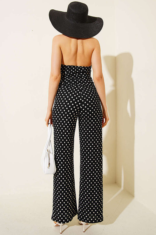 Polka Dot V-Neck Waffle Crop Set Black
