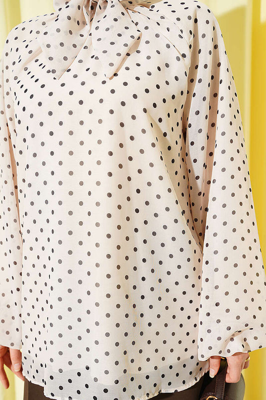 Tunique en chiffon beige à col noué à pois