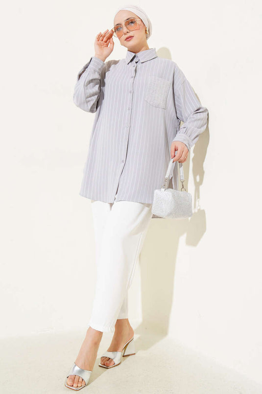 Striped Shirt with Sequin Pocket Gray