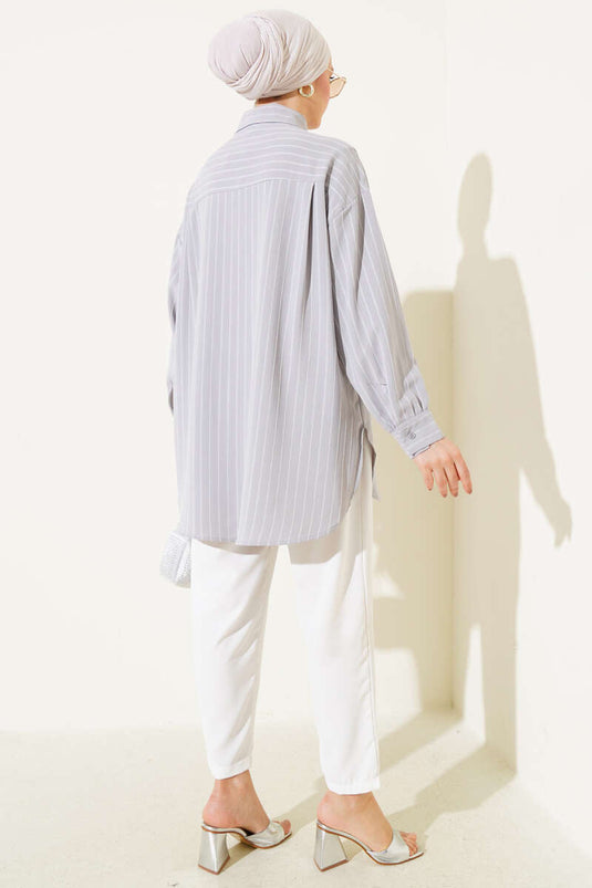 Striped Shirt with Sequin Pocket Gray