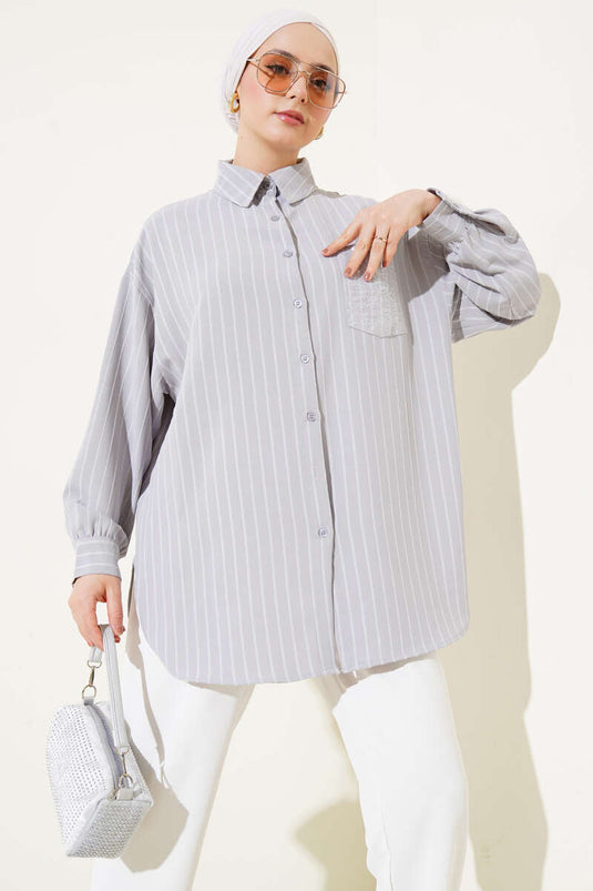 Striped Shirt with Sequin Pocket Gray