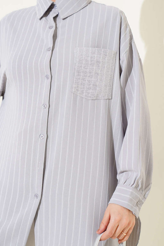 Striped Shirt with Sequin Pocket Gray