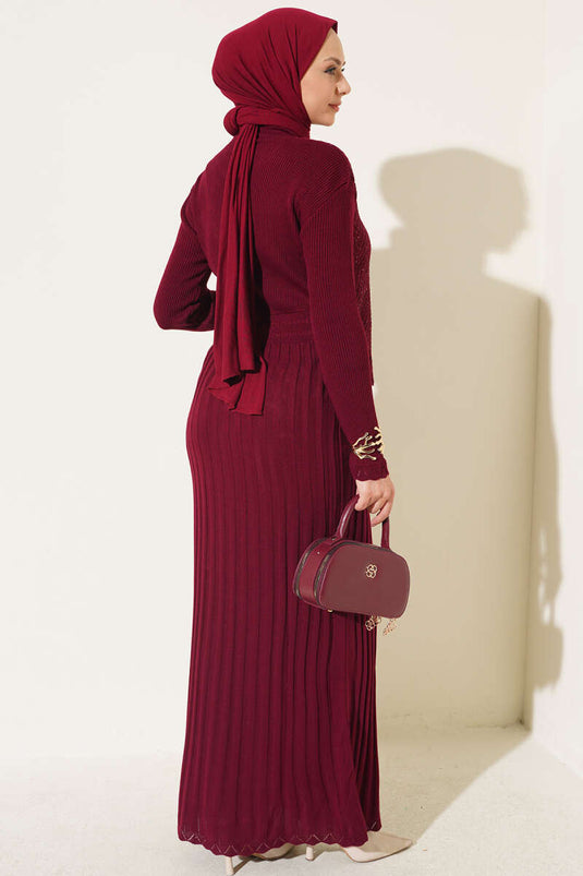 Burgundy Tie-Detail Knit Dress
