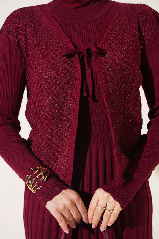 Burgundy Tie-Detail Knit Dress
