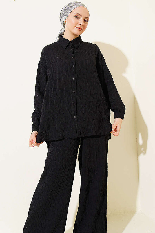 Striped Two-Piece Set with Sequin Detail Black