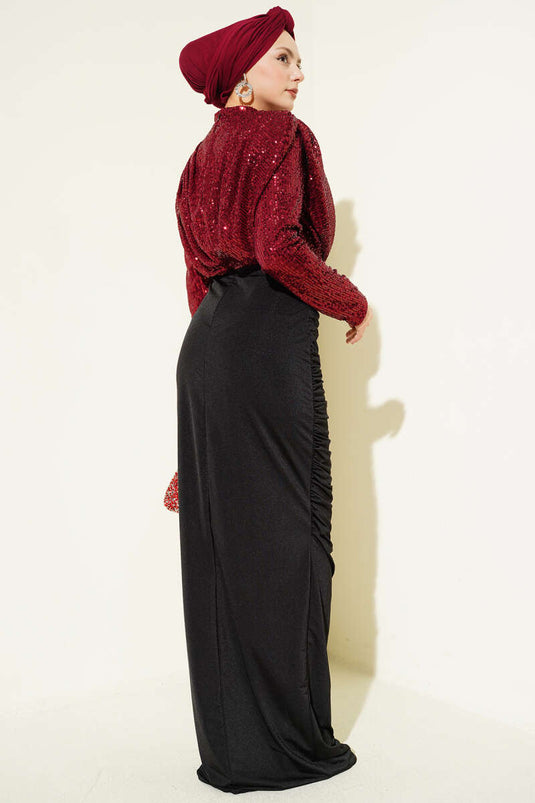 Pul Payet Büzgülü Abiye Elbise Bordo