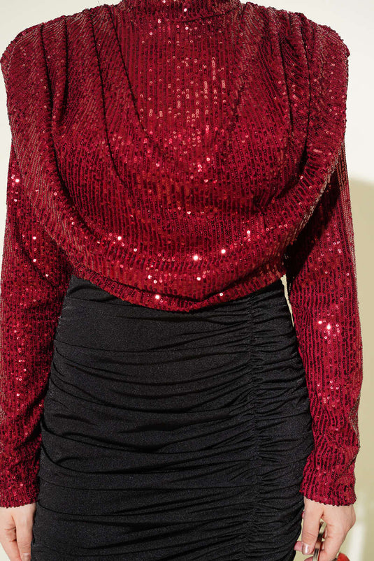 Pul Payet Büzgülü Abiye Elbise Bordo