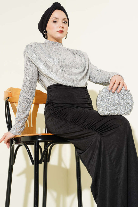 Robe de soirée plissée à paillettes argentées