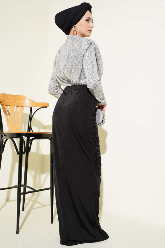 Robe de soirée plissée à paillettes argentées