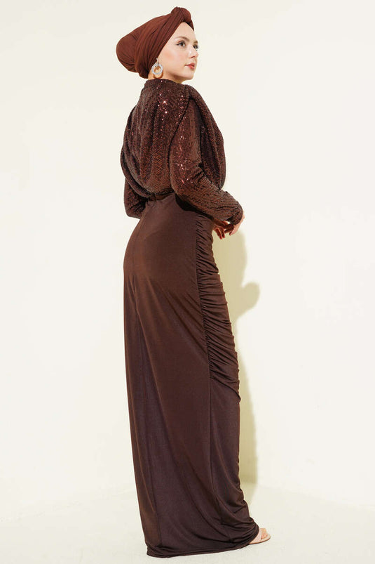 Robe de soirée plissée à paillettes marron