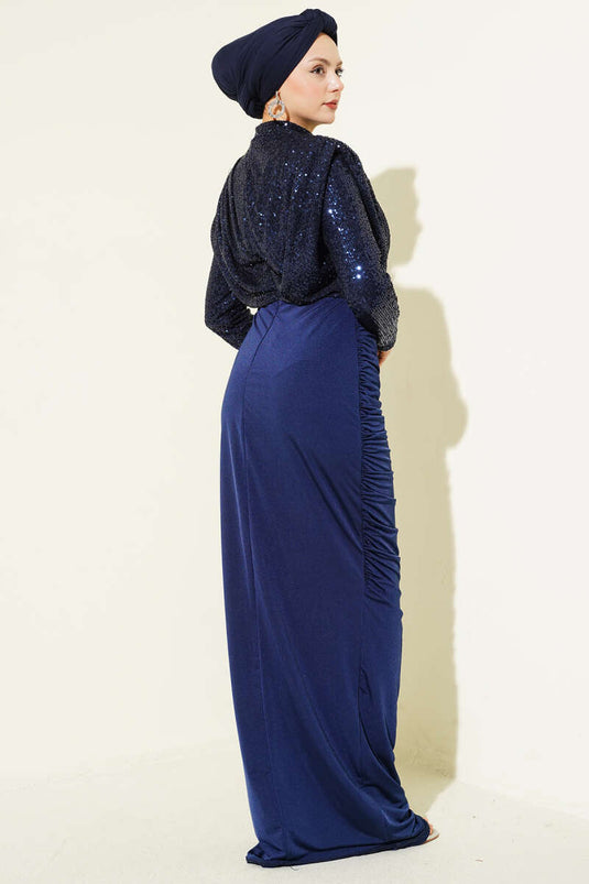 Robe de soirée plissée à paillettes bleu marine