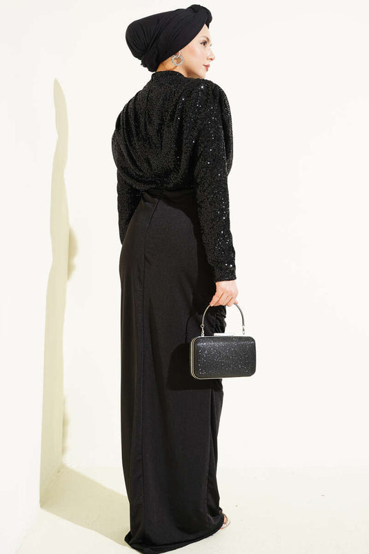 Robe de soirée noire plissée à paillettes