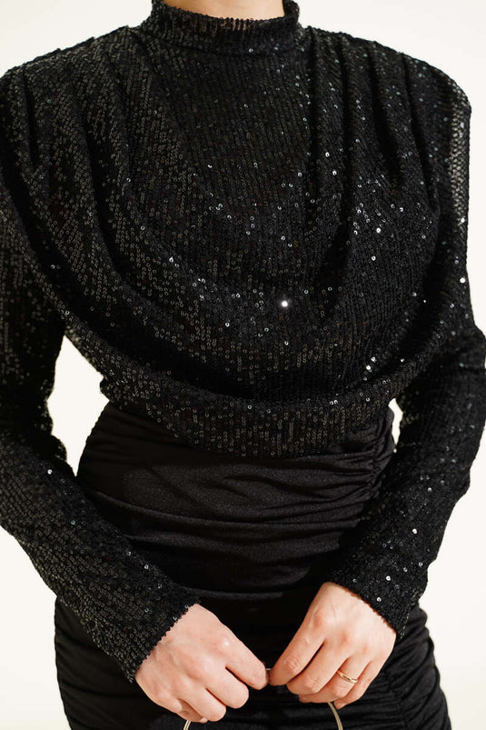 Black Evening Dress with Sequin and Gathered Detail