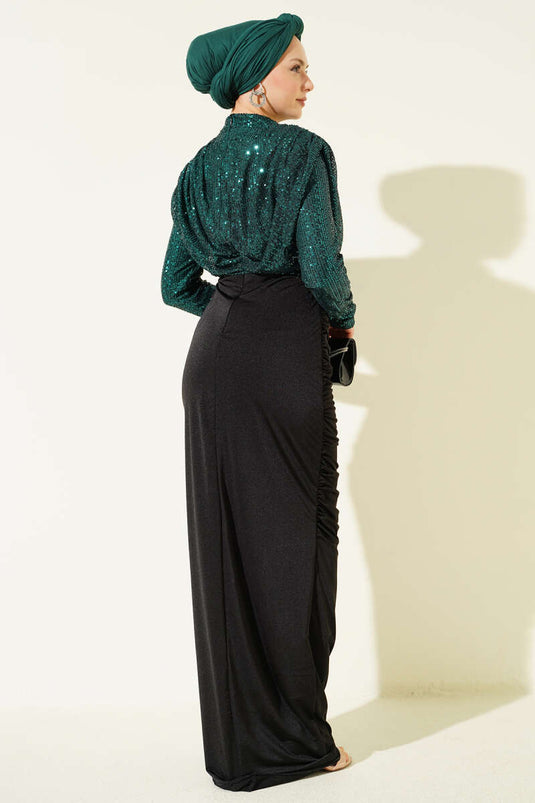 Robe de soirée plissée à paillettes émeraude