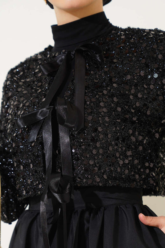 Sequined Jacket and Skirt Two Piece Suit Black