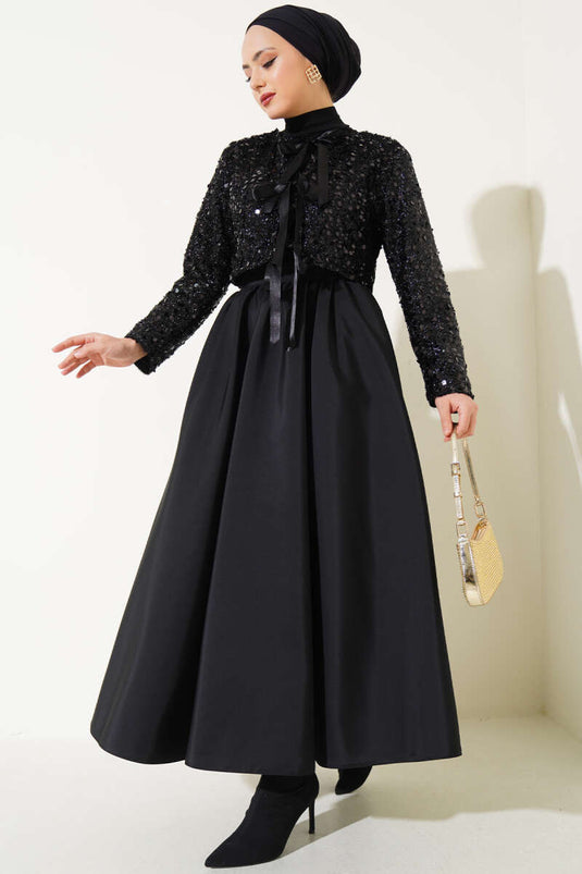 Sequined Jacket and Skirt Two Piece Suit Black