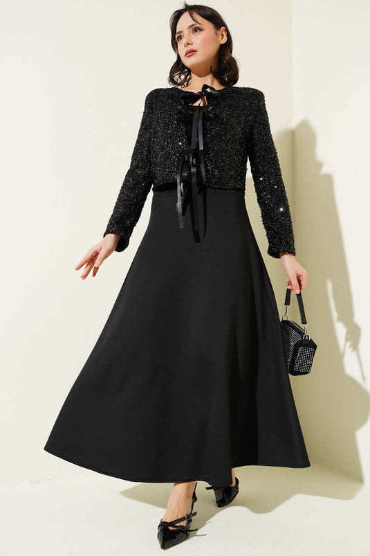 Ensemble deux pièces veste à paillettes et jupe en néoprène noir